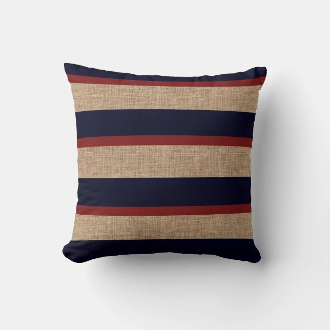 Nautical Navy Blue & Red Stripes Throw Pillow (Front)