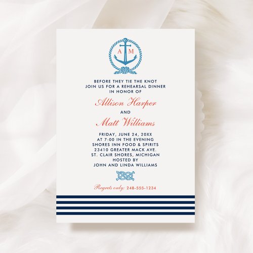 Nautical Navy Blue Red Wedding Rehearsal Dinner Invitation