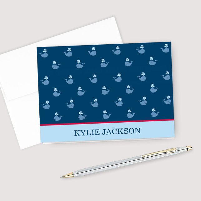 Nautical Navy Blue Red Whale Pattern Custom Name Note Card (Creator Uploaded)