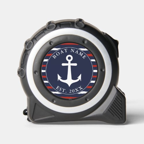 Nautical Navy Blue Red White Anchor Boat Name Tape Measure