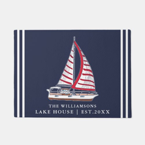 Nautical Navy Blue Red White Sail Boat Lake House  Doormat