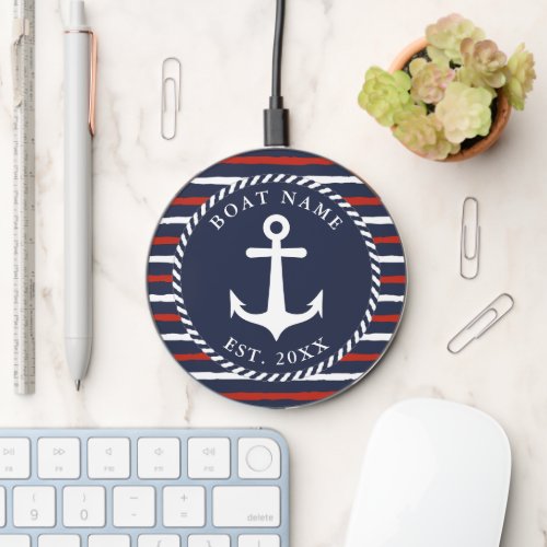 Nautical Navy Blue Red White Stripes Anchor Wireless Charger