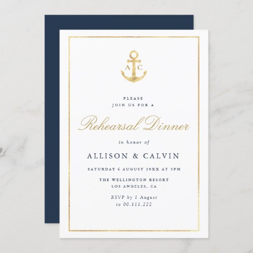 nautical navy blue rehearsal dinner invitation