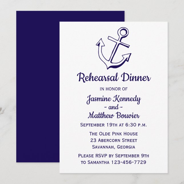 Nautical Navy Blue Rehearsal Dinner Ship Anchor Invitation (Front/Back)