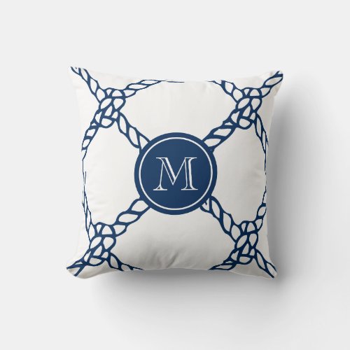 Nautical navy blue rope knots monogram throw pillow