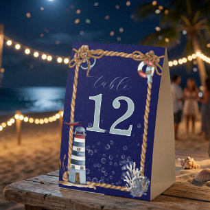 Nautical Navy Blue Rope & Lighthouse Table Number Paper Table Tent