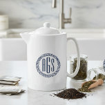 Nautical Navy Blue Rope Monogram Teapot<br><div class="desc">Nautical style monogrammed teapot features your three initial monogram in classic navy blue set inside a nautical rope circle badge. Perfect for beach houses,  blue kitchens or boat lovers.</div>