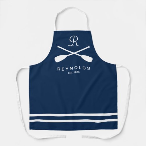 Nautical navy blue rowing oars family name BBQ Apron