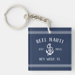 Nautical Navy Blue Rustic Anchor Boat Name Keychain