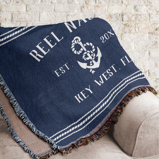 Nautical Navy Blue Rustic Anchor Boat Name Throw Blanket (Creator Uploaded)