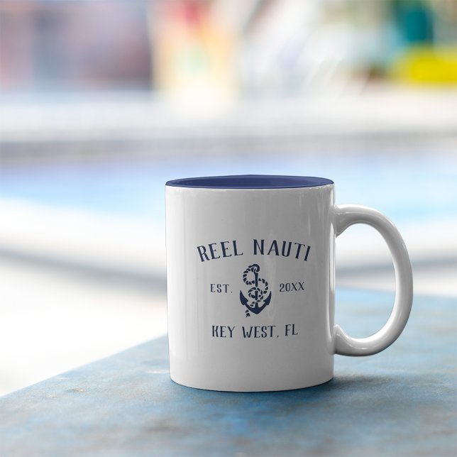 Nautical Navy Blue Rustic Anchor | Your Boat Name Two-Tone Coffee Mug (Creator Uploaded)