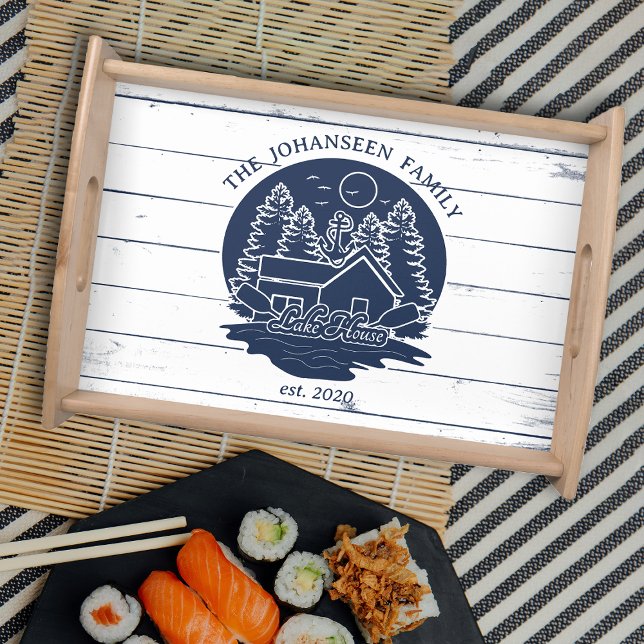 Nautical Navy Blue Rustic Wood Family Lake House Serving Tray (Creator Uploaded)