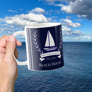 Nautical Navy Blue Sailboat Coastal Monogram Coffee Mug