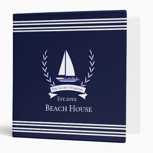 Nautical Navy Blue Sailboat Coastal Monogrammed  3 Ring Binder