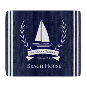 Nautical Navy Blue Sailboat Coastal Monogrammed  C Cutting Board