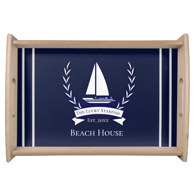 Nautical Navy Blue Sailboat Coastal Monogrammed  C Serving Tray (Front)
