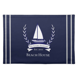 Nautical Navy Blue Sailboat Coastal Monogrammed P Cloth Placemat