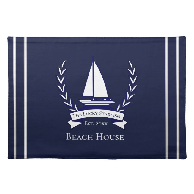 Nautical Navy Blue Sailboat Coastal Monogrammed  P Cloth Placemat (Front)