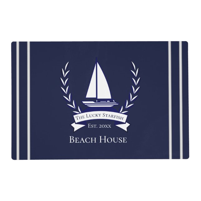 Nautical Navy Blue Sailboat Coastal Monogrammed  Placemat (Front)