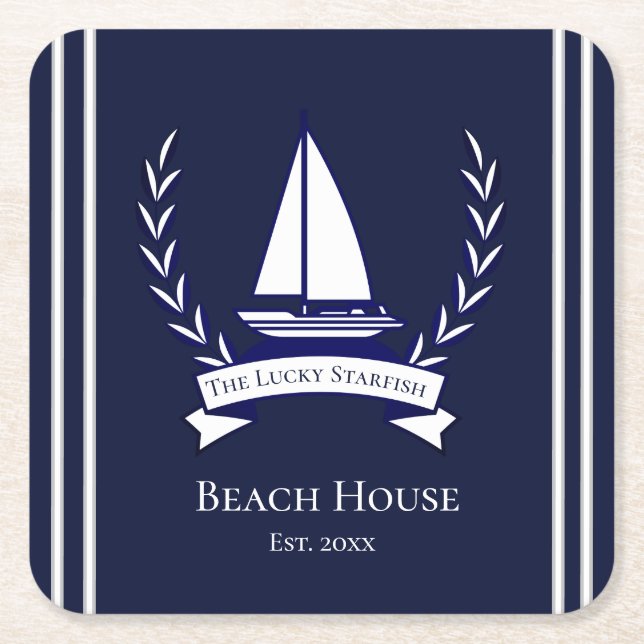 Nautical Navy Blue Sailboat Coastal Monogrammed   Square Paper Coaster (Front)