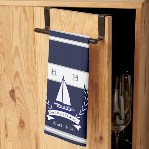 Nautical Navy Blue Sailboat Monogram Name  Kitchen Kitchen Towel