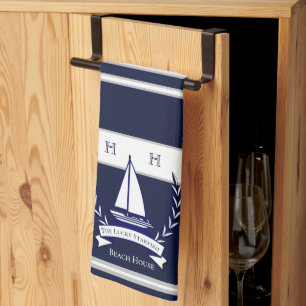 Nautical Navy Blue Sailboat Monogram Name Kitchen Towel