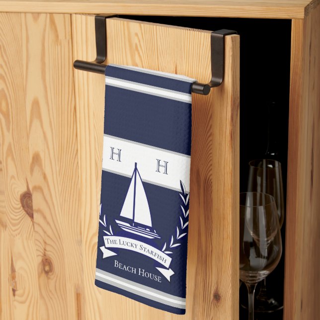 Nautical Navy Blue Sailboat Monogram Name  Kitchen Towel (Thirds Fold)