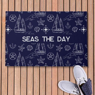 Nautical Navy Blue Sailboat Pattern Name  Doormat