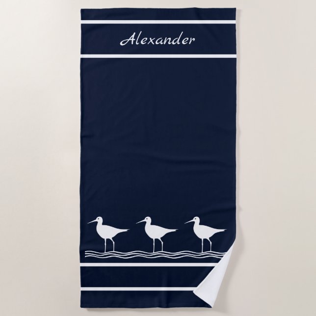 Nautical Navy Blue Sandpipers Birds Beach Towel (Front)