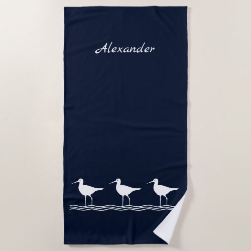 Nautical Navy Blue Sandpipers Birds Beach Towel