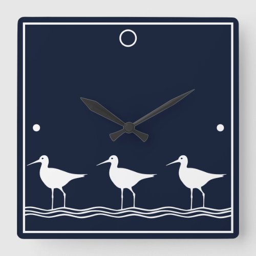 Nautical Navy Blue Sandpipers Shore Bird Square Wall Clock