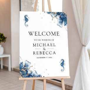Nautical Navy Blue Seahorse Wedding Welcome Sign