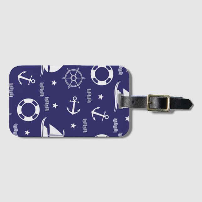 Nautical Navy Blue Seamless Patterns Background Luggage Tag (Front Horizontal)