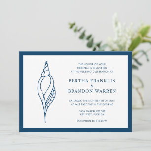 Nautical Navy Blue Seashell Beach Elegant Wedding Invitation