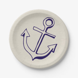 Nautical Navy Blue Ship Anchor Tan Wedding Paper Plates
