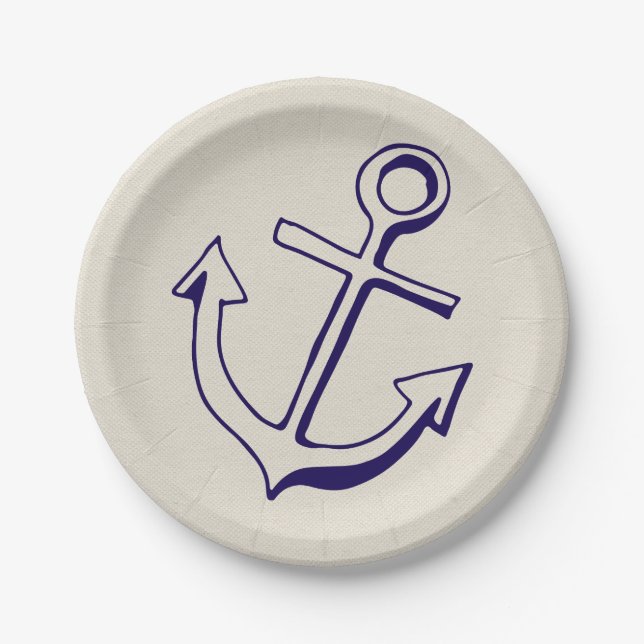 Nautical Navy Blue Ship Anchor Tan Wedding Paper Plates (Front)