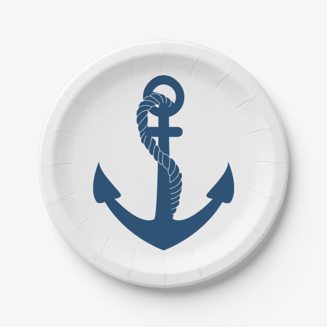 Nautical Navy Blue Ship Anchor Wedding Beach Paper Plates (Front)