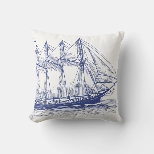 Nautical Navy Blue Ship Schooner Throw Pillow