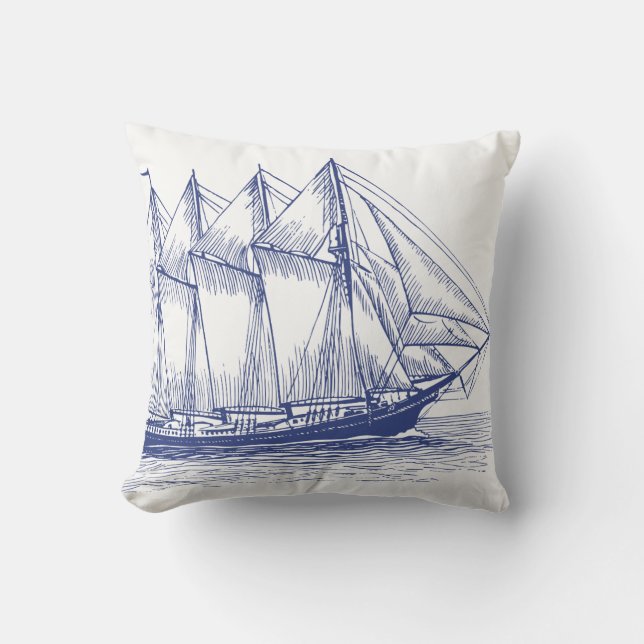 Nautical Navy Blue Ship Schooner Throw Pillow (Front)