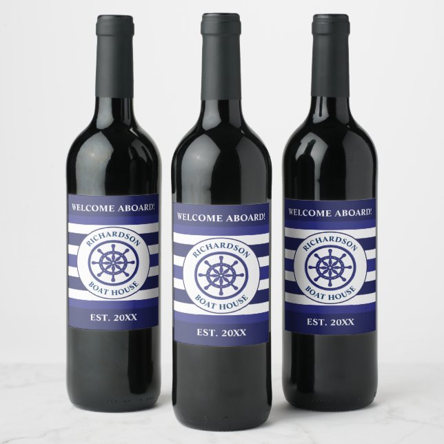 Nautical Navy Blue Ship Wheel Boat House Sailing Wine Label (Bottles)