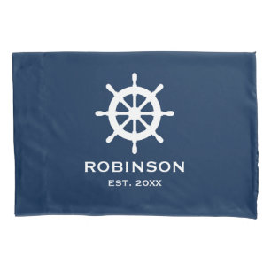 Nautical navy blue ship wheel custom family name pillow case