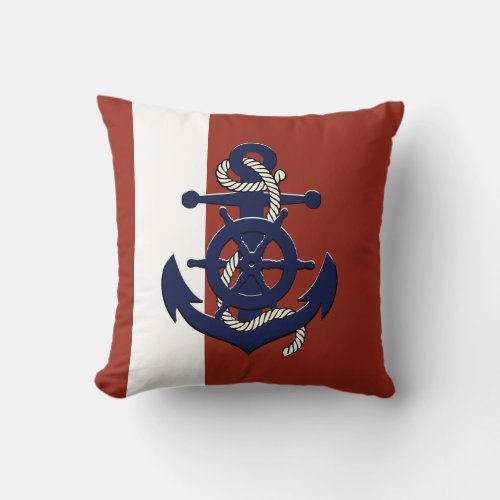 Nautical navy blue ships wheelanchor red throw pillow