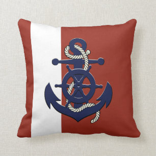 Nautical navy blue ship's wheel/anchor red throw pillow