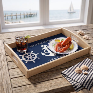 Nautical Navy Blue Ship's Wheel Anchor Sailing Serving Tray