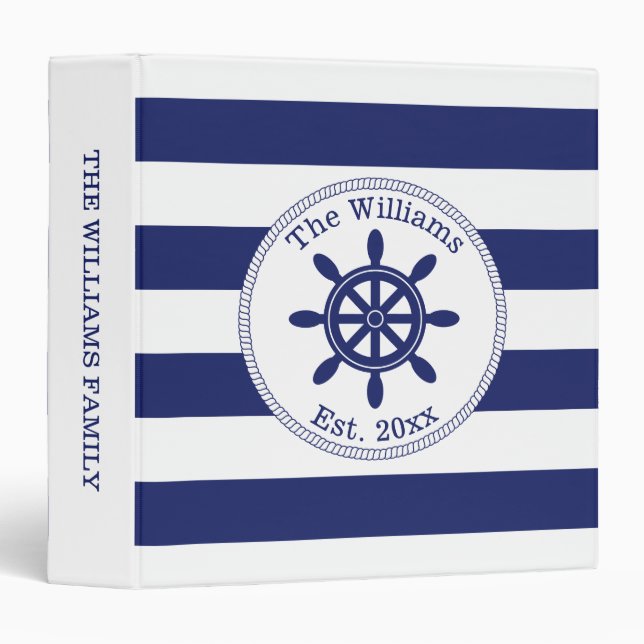Nautical Navy Blue Ship's Wheel Family Name 3 Ring Binder (Front/Spine)