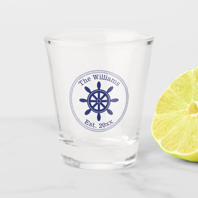 Nautical Navy Blue Ship's Wheel Family Name Shot Glass (Front)