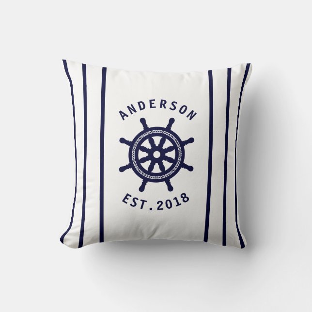 Nautical Navy Blue Ships Wheel Personalized Throw Pillow (Front)