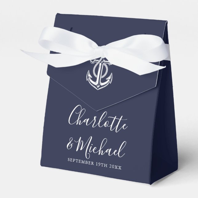 Nautical Navy Blue Signature Script Wedding Favor Boxes (Front Side)