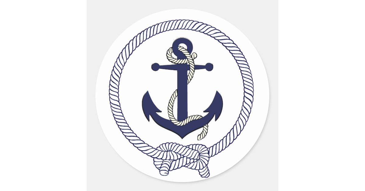 Nautical navy blue silhouette anchor rope classic round sticker | Zazzle