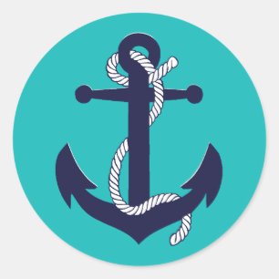 Nautical navy blue silhouette anchor rope/design 2 classic round sticker